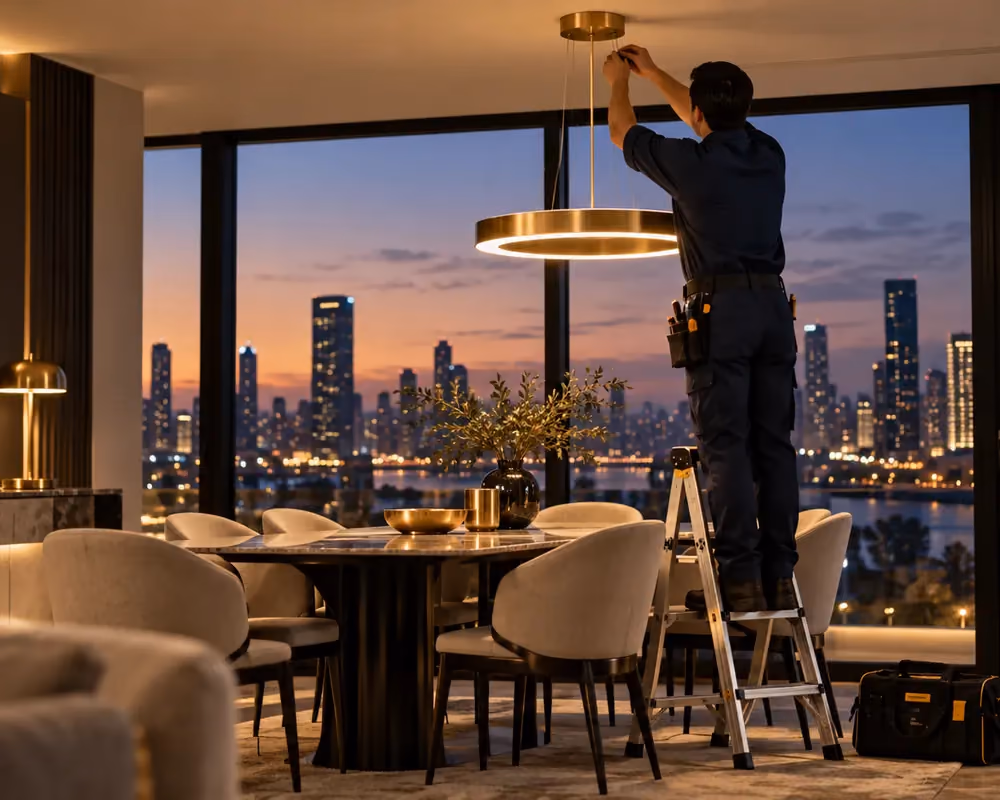 An electrician installing a pendant light above a dining table in an apartment at dusk